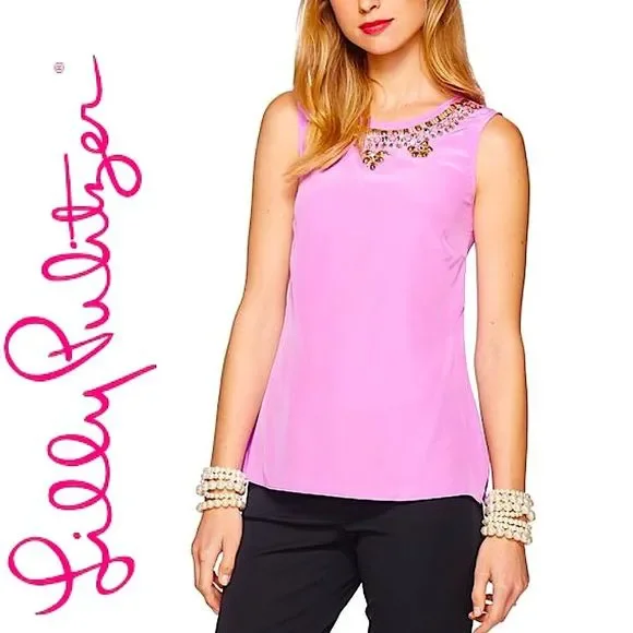 Lilly Pulitzer Havana 100% Silk Pink Embellished Jeweled Neck Blouse Top 58738 - Picture 1 of 8